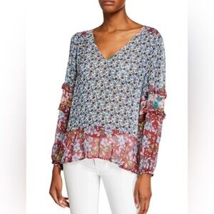 Johnny Was Rashida Mixed Print V-Neck Georgette Top Multi , sz XS